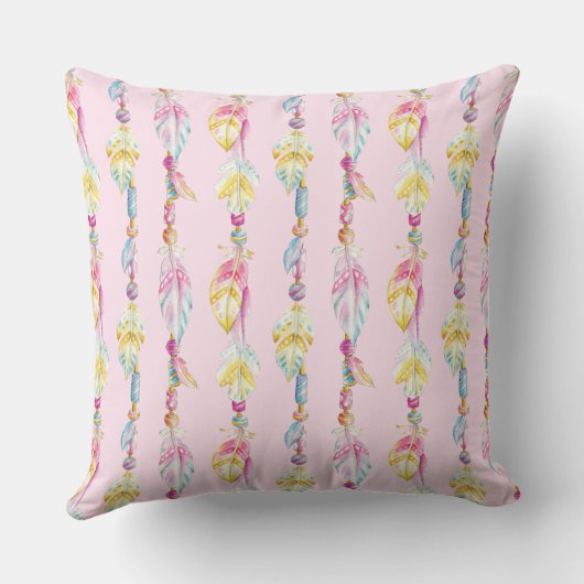 羽毛玉水彩ボホパターン（の模様が）ある枕 クッション (裏面)