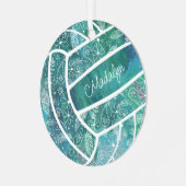 羽毛花の模様バレーボールティール(緑がかった色) メタルオーナメント (正面左)