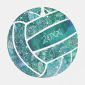 羽毛花の模様バレーボールティール(緑がかった色) メタルオーナメント (裏面)