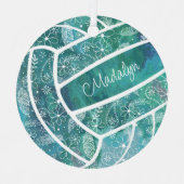 羽毛花の模様バレーボールティール(緑がかった色) メタルオーナメント (正面)