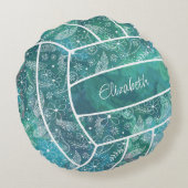 羽毛花の模様バレーボールティール(緑がかった色) ラウンドクッション (裏面)