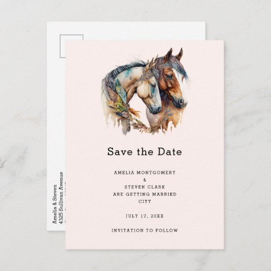 羽毛飾り付き2頭の馬ボホ結婚の 案内ポストカード (正面/裏面)