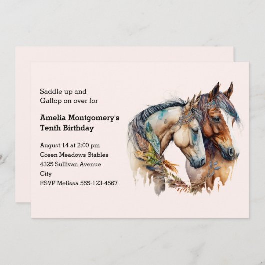 羽毛飾り付き2頭ボホ誕生日 招待状 (正面/裏面)