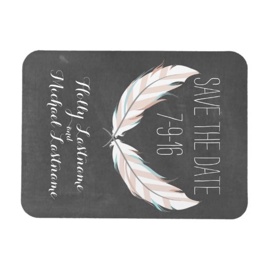 羽毛+黒板ウェディング日付を保存 マグネット (横)