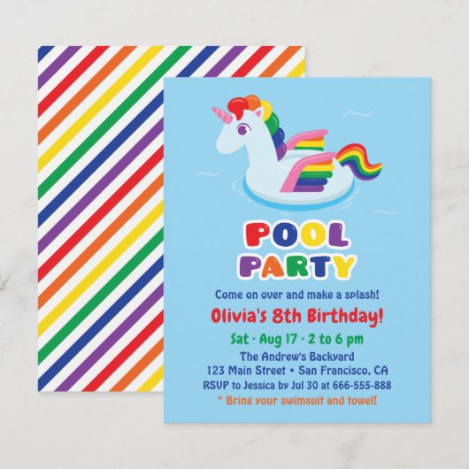 羽生えたユニコーンのプールフロート キッズの誕生日会 招待状 (正面/裏面)