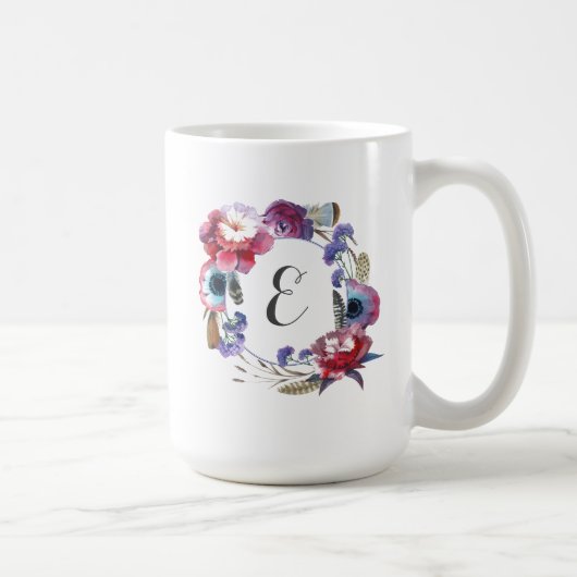 羽|のモノグラムとの野生の花のシャクヤクの花柄 コーヒーマグカップ (右)