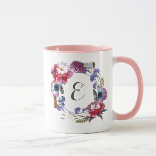 羽 のモノグラムとの野生の花のシャクヤクの花柄 マグカップ