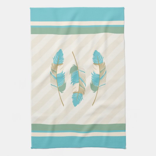 羽(はね)の色はクリーム色と青と緑 キッチンタオル (縦)