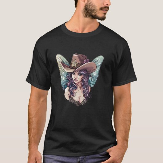 羽+カウボーイ+ハット+コスチュームの妖精の顔 Tシャツ (正面)