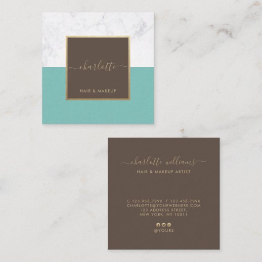 習モダン字エレガント金ゴールドブラウン&ティール(緑がかった色) スクエア名刺 (正面/裏面)