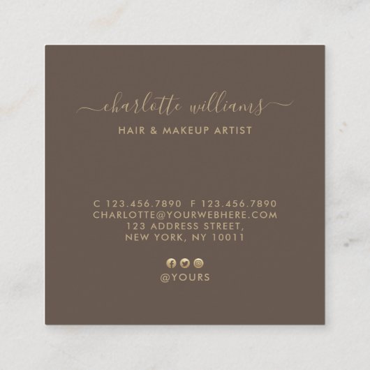 習モダン字エレガント金ゴールドブラウン&ティール(緑がかった色) スクエア名刺 (裏面)