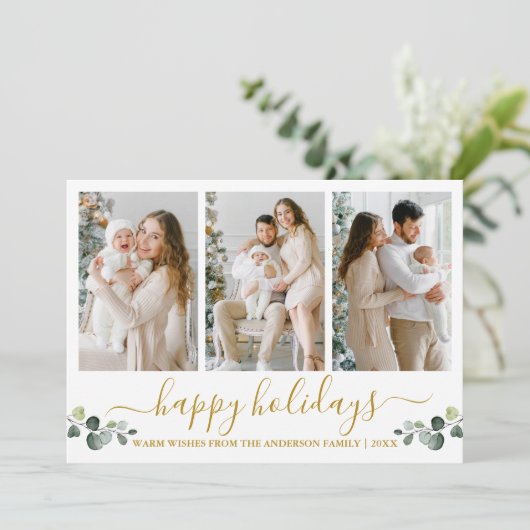 習字の水色ユーカリ3写真金ゴールド シーズンカード (スタンド正面)