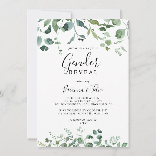 習字スクリプトの葉ジェンダー表示パーティー 招待状 (正面)