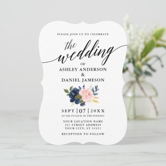 習字スクリプトブルーピンク結婚フローラ 招待状 (スタンド正面)