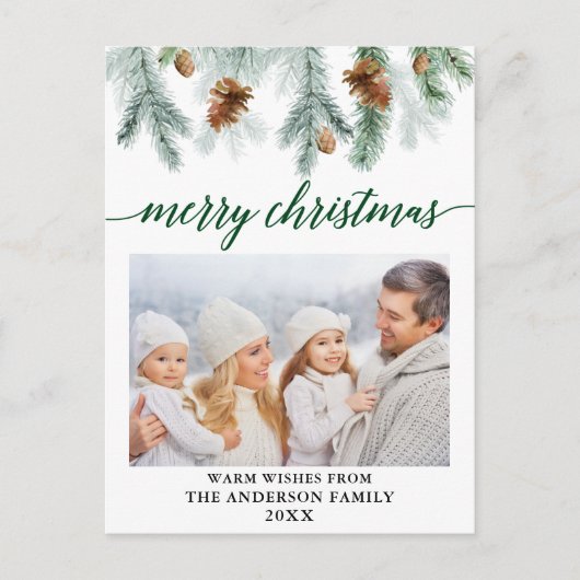 習字水彩松の球果緑のクリスマス ポストカード (正面)