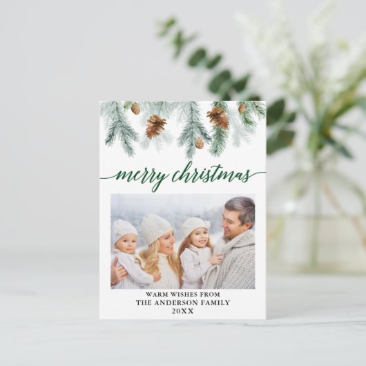 習字水彩松の球果緑のクリスマス ポストカード (スタンド正面)