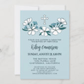 習慣的な白い青い花の少年バプテスマ 招待状 (正面)