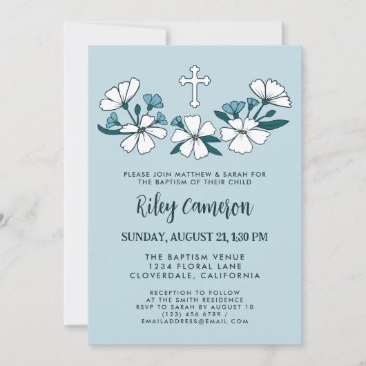 習慣的な白い青い花の少年バプテスマ 招待状 (正面)
