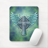 翼が付いているケルト十字(青い) マウスパッド (マウス)