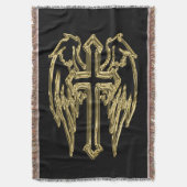 翼が付いている金ゴールドのカトリック教の十字 スローブランケット (正面縦)