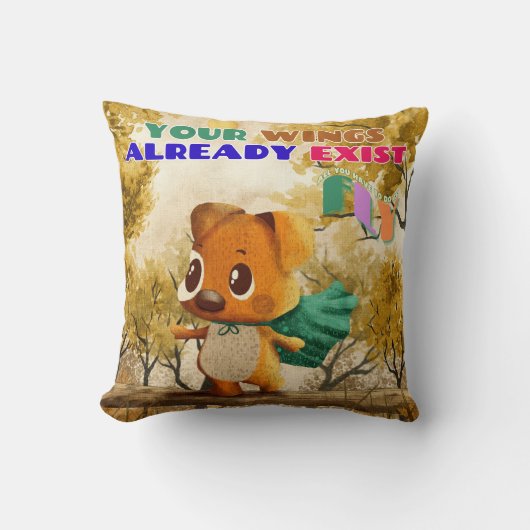 翼が小さな犬の引用文を飛インスパイアばすだけ クッション (正面)