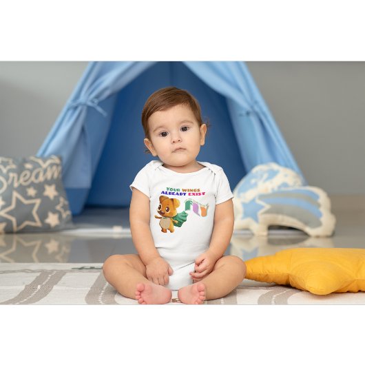 翼が小さな犬の引用文を飛インスパイアばすだけ ベビーボディスーツ