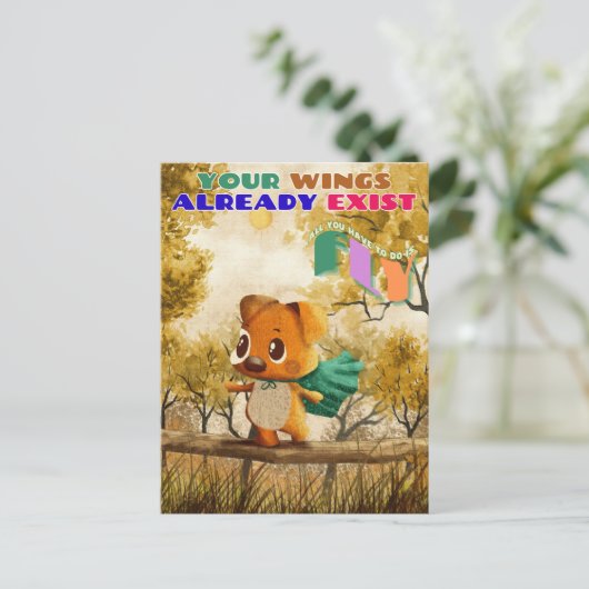 翼が小さな犬の引用文を飛インスパイアばすだけ ポストカード (スタンド正面)