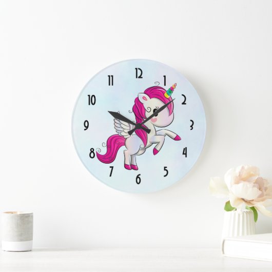 翼とのかわいいピンクのユニコーン ラージ壁時計 (ホーム)
