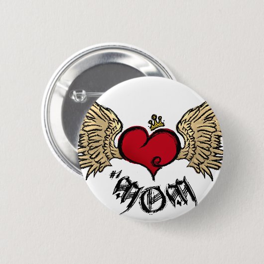 翼との入れ墨のお母さんの都市戴冠させたハート 缶バッジ (正面&裏面)