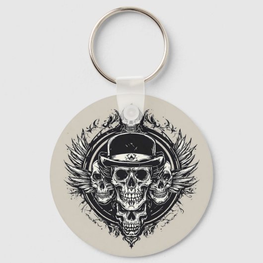 翼とシンボルを特徴とする複雑なスカルデザイン キーホルダー (正面)