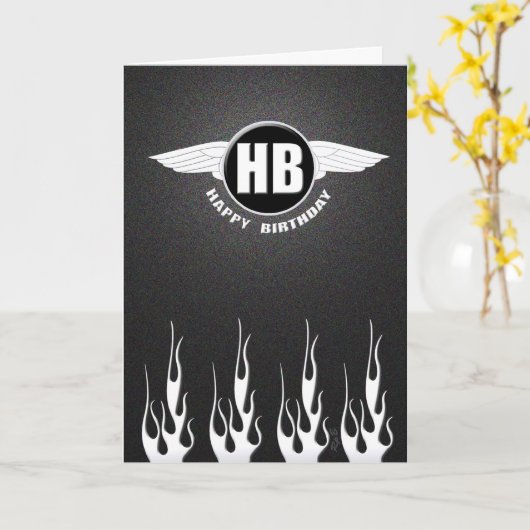 翼と炎：バイクもしくは自転車に乗る人誕生日 カード (黄色い花)