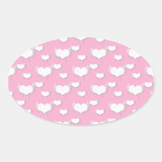 翼のあるかわいいピンクと白のハート 楕円形シール (正面)