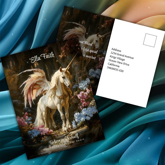 翼のあるユニコーンのファンタジー森林 - 励ましのメッセージ ポストカード