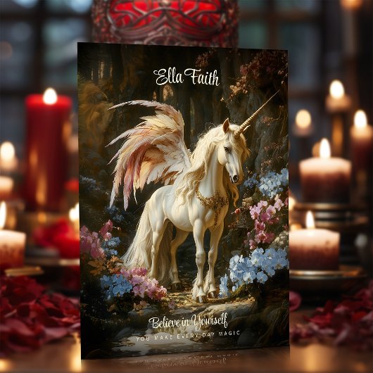 翼のあるユニコーンのファンタジー森林 - 励ましのメッセージ ポストカード