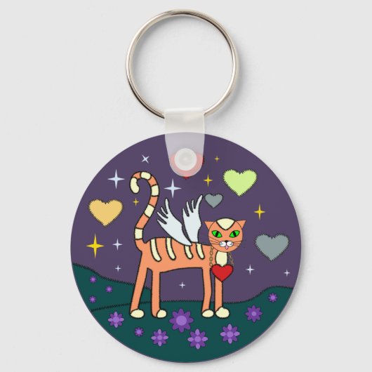 翼のある子猫とハートカスタムキーチェーン キーホルダー (正面)