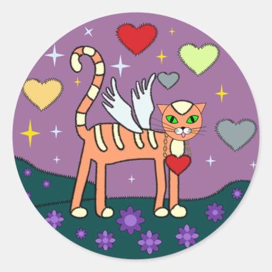 翼のある子猫とハートカスタムステッカー ラウンドシール (正面)