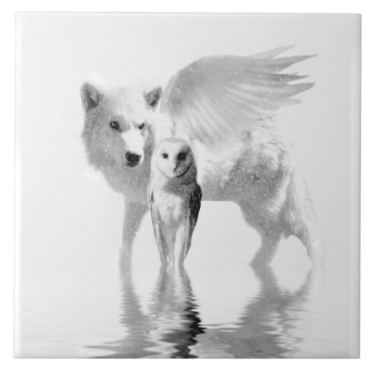 翼のある狼とフクロウのファンタジーアート タイル (正面)