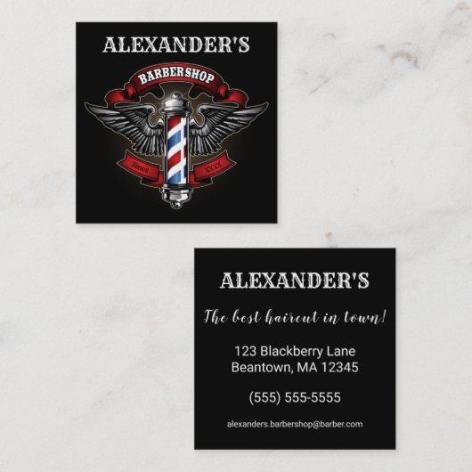 翼のある理容師ポールの正方形をパーソナライズ スクエア名刺 (正面/裏面)