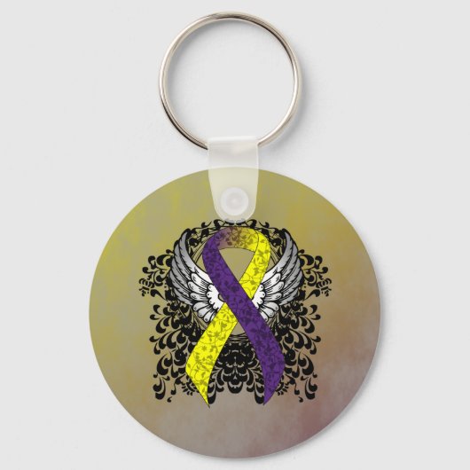 翼のある紫と黄の認識度リボン キーホルダー (正面)