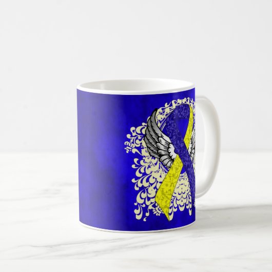 翼のある青と黄色の認識度リボン コーヒーマグカップ (正面右)