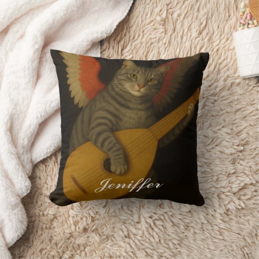 翼のある音楽家猫のリュート演奏アート クッション (ブランケット)