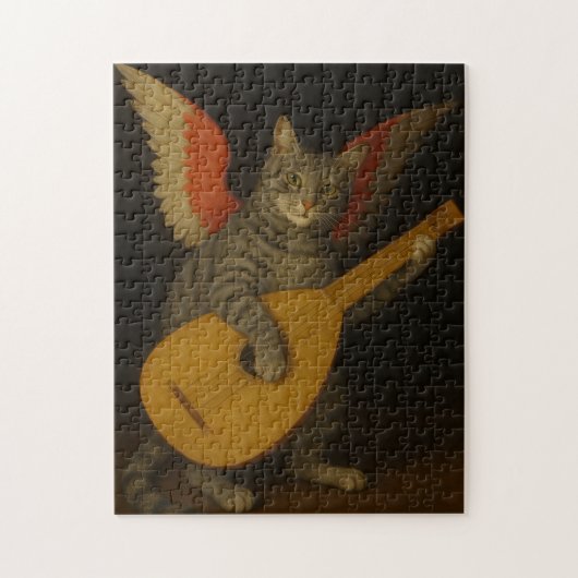 翼のある音楽家猫のリュート演奏アート ジグソーパズル (縦)