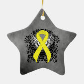 翼のある黄色の認識度リボン セラミックオーナメント (裏面)