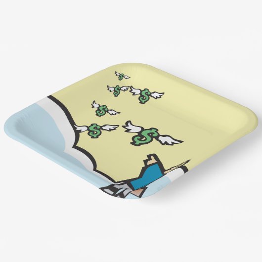 翼を持ってお金を指さす人 ペーパープレート (傾斜あり)