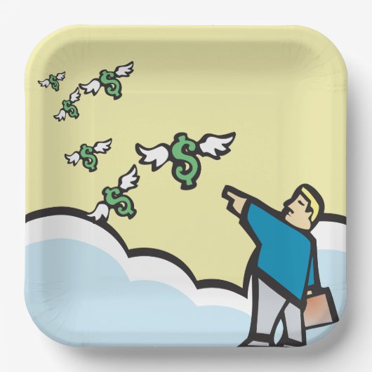 翼を持ってお金を指さす人 ペーパープレート (正面)