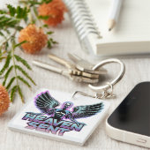 翼を持つ光沢のある金属製の天使、Y2Kデザイン キーホルダー (正面右)