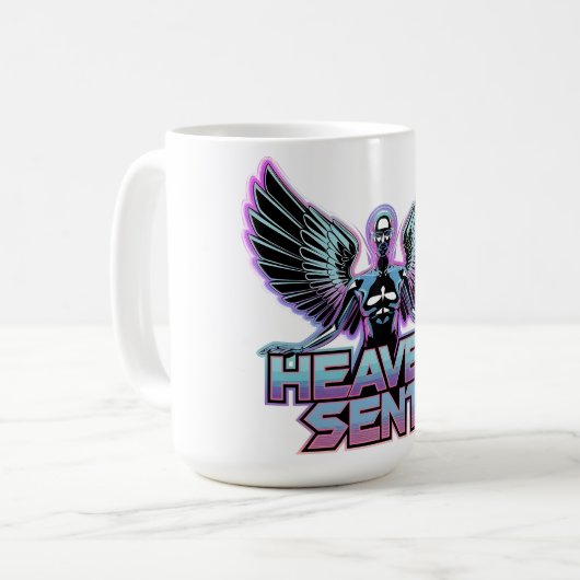 翼を持つ光沢のある金属製の天使、Y2Kデザイン コーヒーマグカップ (正面左)