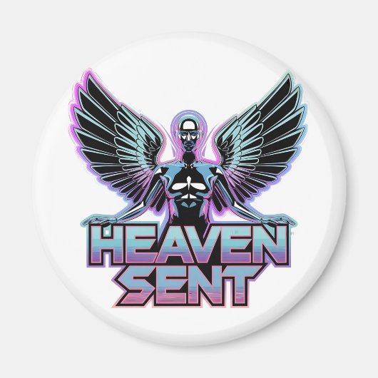 翼を持つ光沢のある金属製の天使、Y2Kデザイン マグネット (正面)