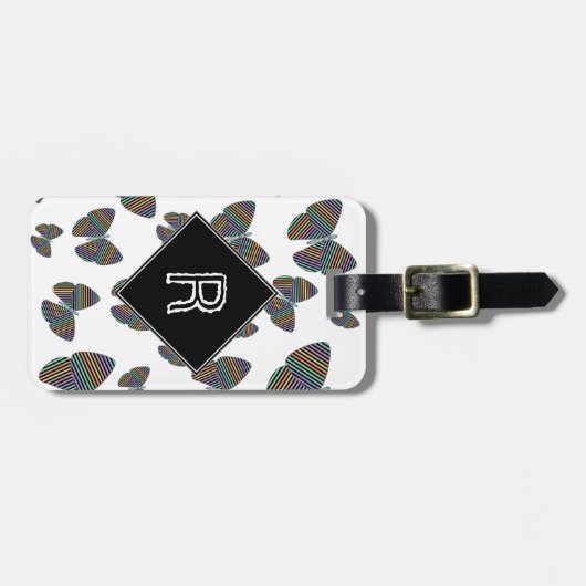 翼を持つ蝶の群カラフルれストライプの ラゲッジタグ (正面横)