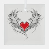 翼を持つ赤い天使ハート ガラスオーナメント (裏面)